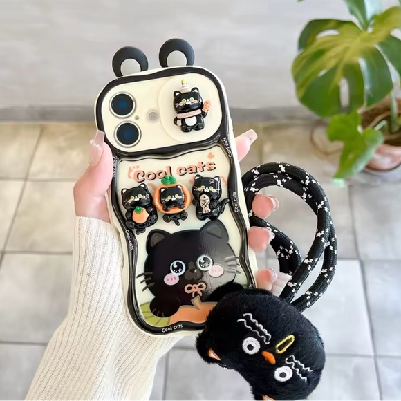 iPhone 16 Pro Max Case – Cute Black Cat Design with Plush Charm & Wrist Strap - Picture 3 of 9